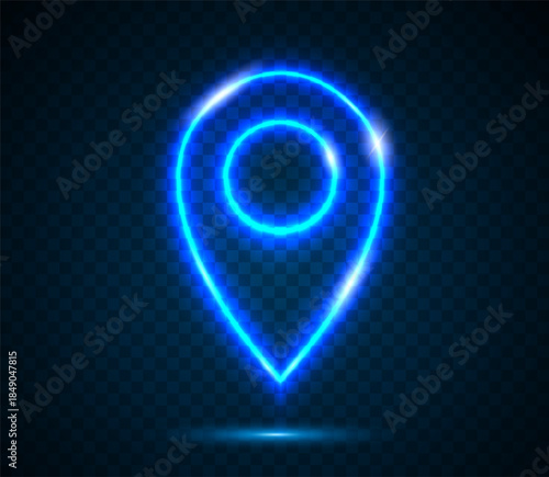 Neon map pin on a transparent dark blue background. A glowing neon marker with a contour pointer map pin. Vector EPS 10.
