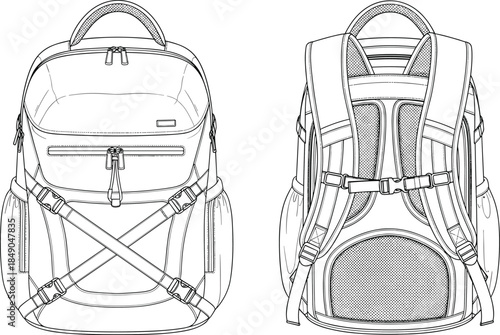 Technical backpack line art illustration, front and back view, detailed travel rucksack blueprint design, outdoor hiking school bag vector outline isolated white background template