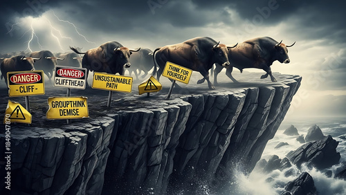 Following The Herd Danger as groupthink with a group of bulls heading to their demise with warning s