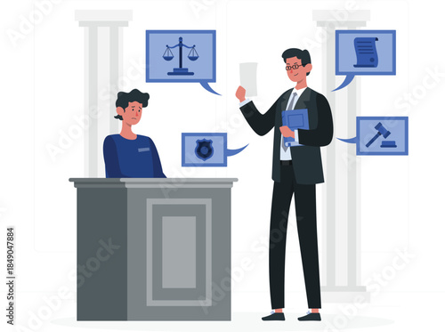 Cartoon lawyer presenting to defendant in courtroom setting trial