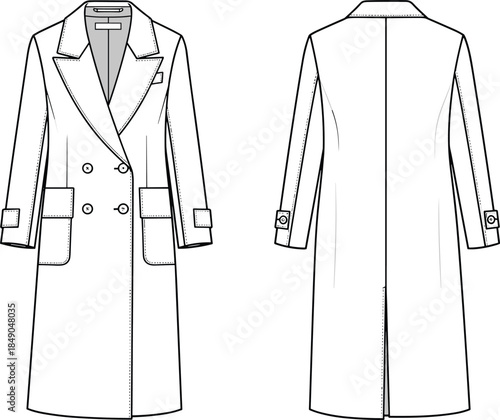 Women long coat technical fashion flat, front and back view, tailored outerwear design illustration, apparel blueprint, modern winter garment sketch, professional clothing vector outline