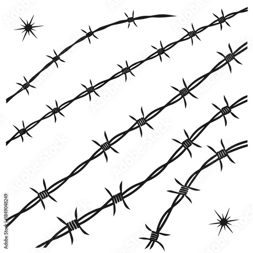 "Barbed wire vector elements collection, sharp fence barrier design for security protection boundary and danger warning theme grunge rustic graphics"


