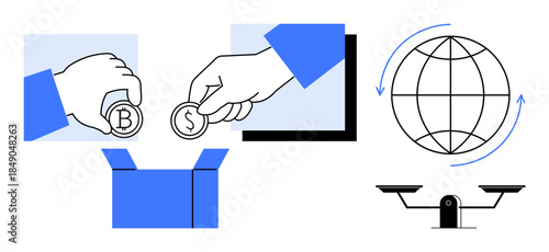 Financial exchange, cryptocurrency trade, global commerce, economic balance, financial services, charity contributions. Hand holding coins, currency exchange globe diagram balance scale. Financial