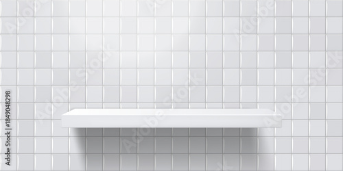 White empty shelf on a white-gray wall with realistic square tiles. Vector illustration.