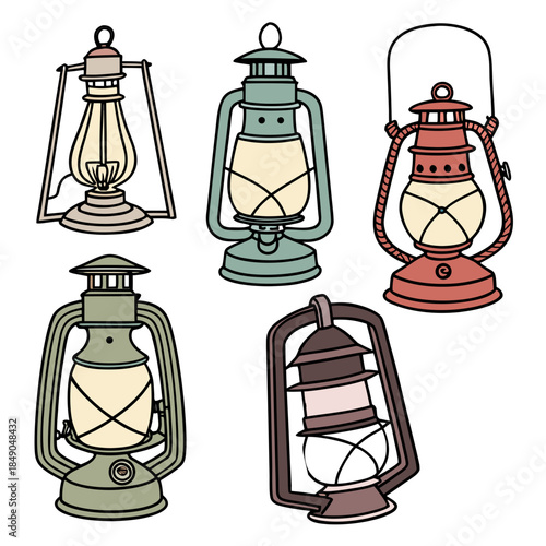 "Vintage lanterns vector collection, oil kerosene lighting design for antique camping outdoor rustic adventure and historical illumination theme art"

