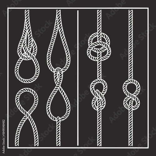"Nautical rope knots vector diagrams, sailing marine hitch bend tutorials for boating education survival skills and maritime craft technique design"

