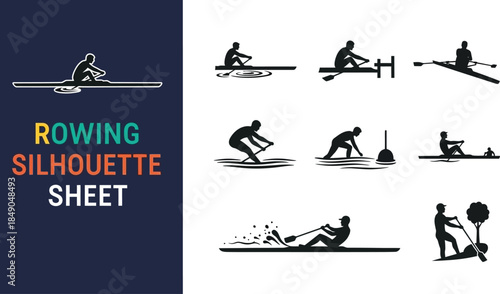 Silhouette sheet of rowing and water sport athletic activities