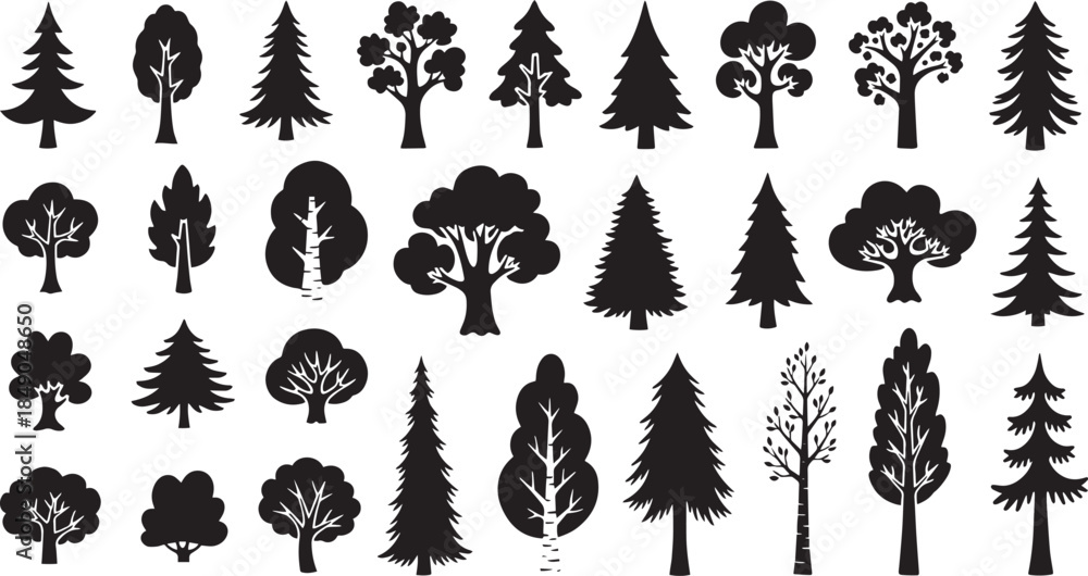 Fototapeta premium Collection of stylized tree icons Pine oak and fir nature symbols isolated on white 