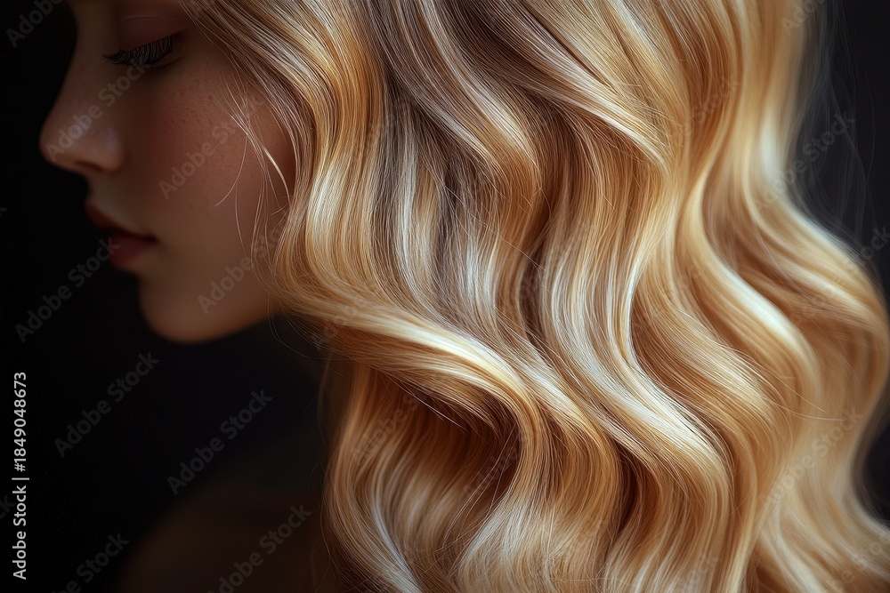 Fototapeta premium Beauty blonde girl with long shiny wavy hair captured in soft lighting showcasing elegance and grace, perfect for fashion and beauty enthusiasts highlighting natural beauty