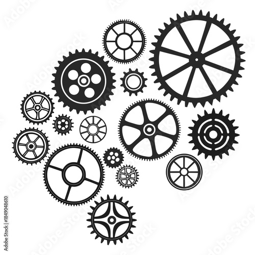 "Mechanical gears vector collection scattered, industrial machinery engineering design for technology innovation teamwork and clockwork system concept"

