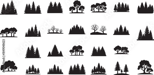 Forest landscape silhouette vector set Collection of black tree groups and woods isolated on white background