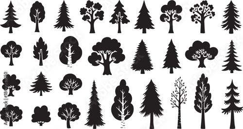 Collection of stylized tree icons Pine oak and fir nature symbols isolated on white
