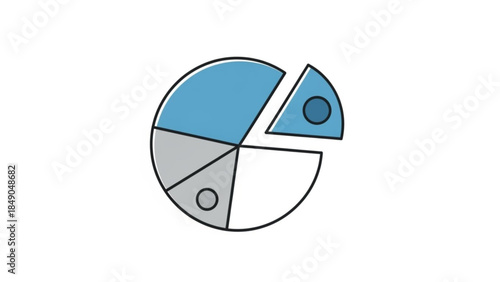 Pie Chart Segmented with Blue and Grey Sections, One Part Detached, Isolated Vector Illustration