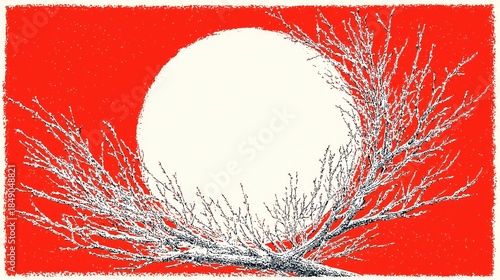 Winter scene featuring snow-covered bare tree branches framing white circular shape on vibrant red textured print-style background, suitable as wallpaper, poster for seasonal decor