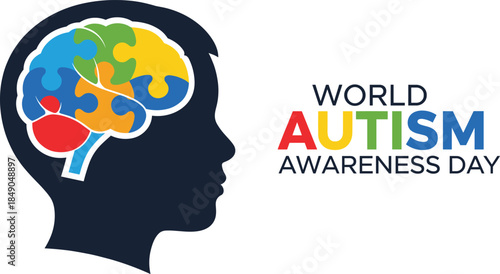 Autism awareness graphic with puzzle brain silhouette and multicolored text on white background advocacy and diversity design