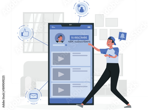 Cartoon man pointing at large smartphone with subscription interface des