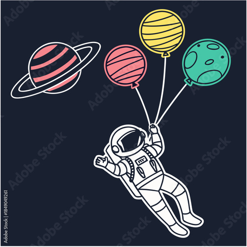 "Astronaut with planet balloons vector illustration, whimsical space character design for cosmic adventure fantasy and imaginative children's theme art"

