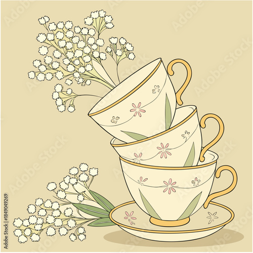 "Vintage teacups stack vector illustration with mimosa flowers, delicate porcelain china design for elegant kitchen decor and traditional tableware art"

