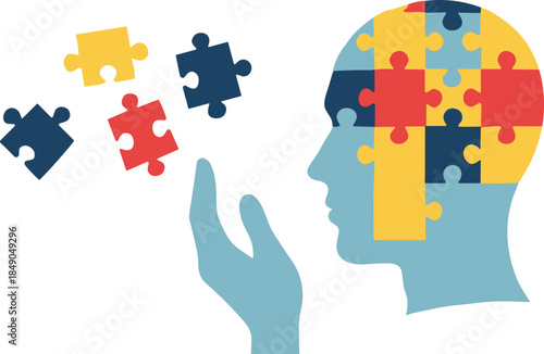 Human head and hand with colorful puzzle pieces symbolizing cognitive complexity and problem-solving on white background psychology design