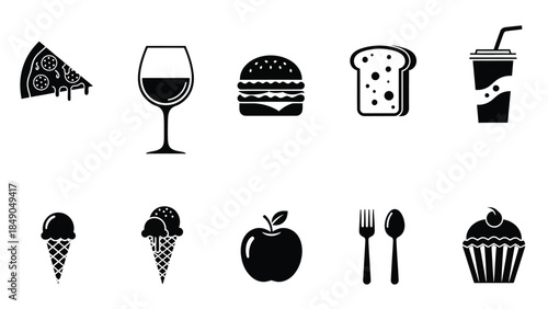 Collection of black and white food and drink icons for menus