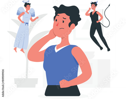 Cartoon man with angel and devil on shoulders conflicted d