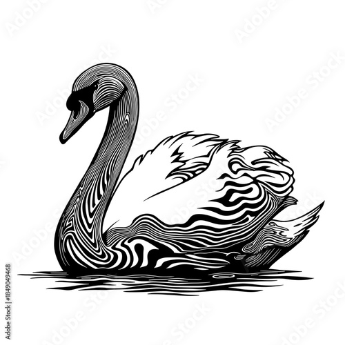 black and white swan linocut illustration for nature blogs, artistic posters, wall decor, wildlife conservation websites and elegant stationery design