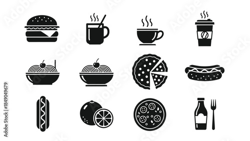 Collection of black and white fast food and beverage icons