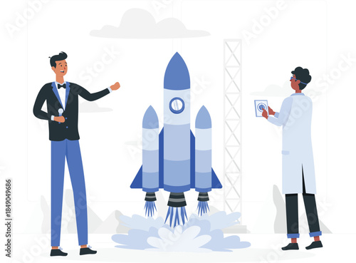 Cartoon men standing beside blue rocket man in tuxedo man in lab coat blue rocket ship launchpad des