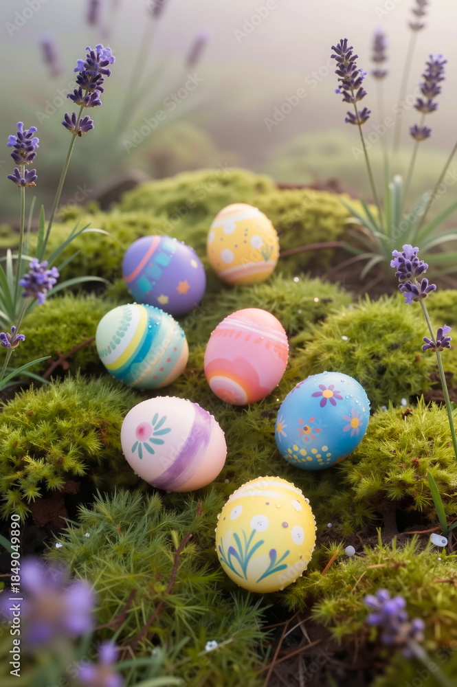 Fototapeta premium Colorful Painted Easter Eggs in Moss with Lavender Flowers