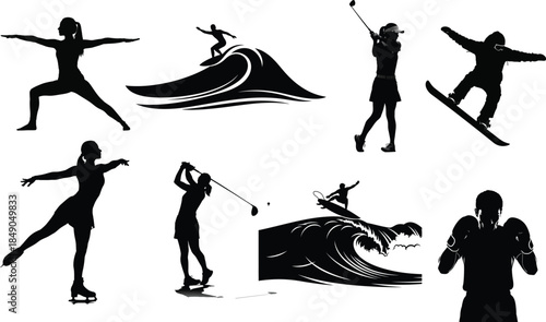 Collection of eight black silhouettes depicting various sports
