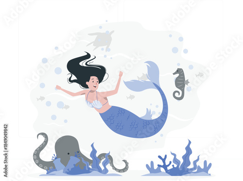 Cartoon mermaid swimming with sea creatures ocean underwater desig