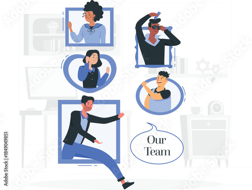 Cartoon office team members stepping out of screens people