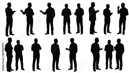 Collection of male business silhouettes showing various communication poses