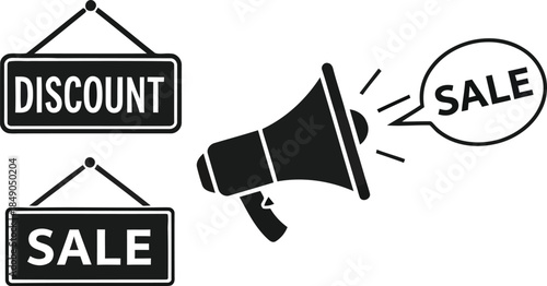 Discount and sale signs with megaphone illustration