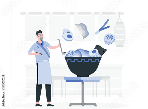 Chef prepares sushi with ingredients flying out of bowl cooking kitchen food de