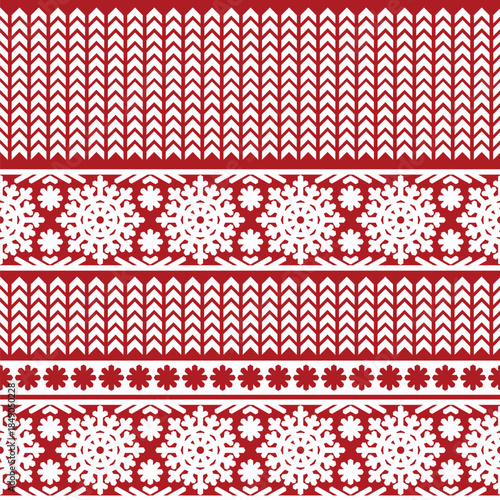 Red and white knitted sweater Christmas seamless pattern. Christmas seamless pattern with holiday decorations and symbols. Vector illustration.