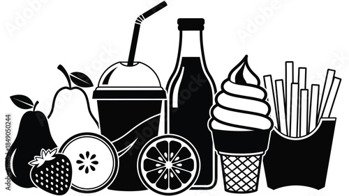 Black and white icons of fast food drinks and fresh fruit items