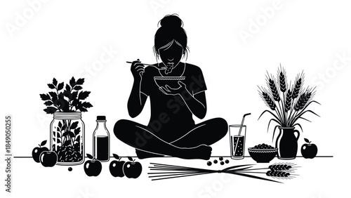 Woman eating healthy food surrounded by fresh produce and grains