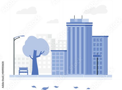 City street with buildings tree and bench in blue tones streetlight desi