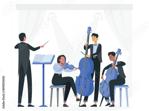 Conductor leads orchestra with violinist and two cellists on stage music