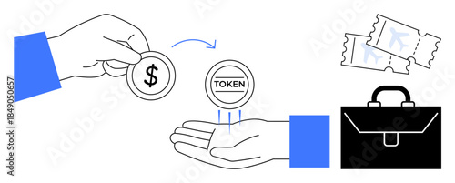 Digital currency, payment systems, blockchain, cryptocurrency, token exchange, financial transactions. One hand giving a dollar coin, another receiving a token tickets and a briefcase. Token