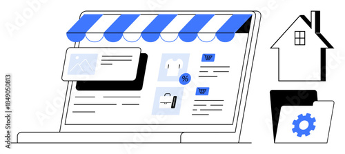 E-commerce, digital marketplace, online retail, small business, automation, home management. Laptop storefront with icons for home and settings. E-commerce and digital marketplace concept