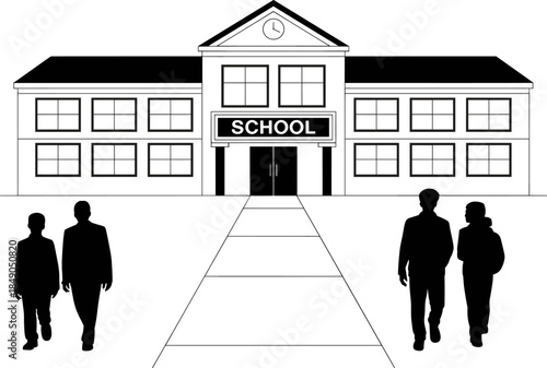 Black and White Illustration of a Modern Two Story School Building with Students Walking on the Campus Path Toward Entrance