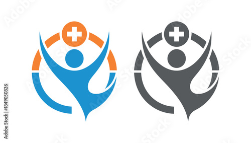 Medical Care Logo with Human Figure and Cross Symbol in Orange Blue Gray Colors