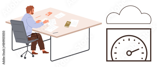 Business professional seated at desk with documents and smartphone, adjacent to cloud and speedometer icon. Ideal for productivity, technology, innovation, efficiency, cloud storage, analysis, simple