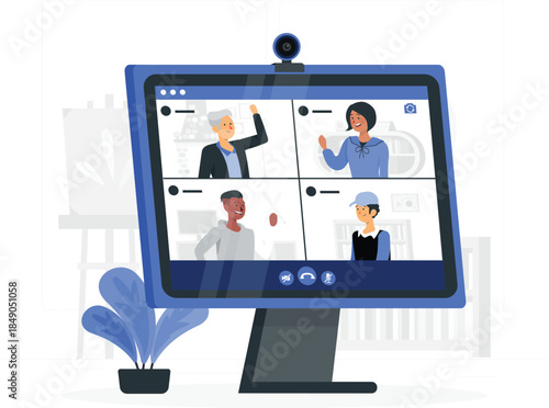 Conference on computer screen with four people remote meeting virtual meeting d