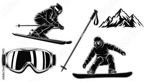 Winter extreme sports icons set for skiing and snowboarding design