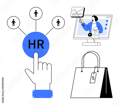 Human resources. The illustration highlights human resources connection, virtual communication, and e-commerce with a focus on teamwork and online interaction. Great for HR, e-commerce