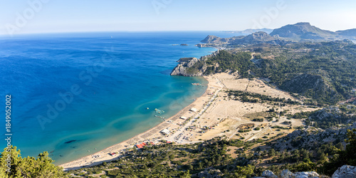 Fototapeta Naklejka Na Ścianę i Meble -  View of Tsambika Beach from above vacation at the Aegean Sea panorama Rhodes island, Greece