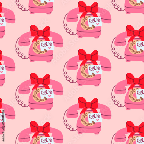 Seamless Valentine pattern with pink vintage rotary telephones, big red bows, and call me notes on a soft pastel background, perfect for romantic wrapping paper, fabric, and flirty stationery.